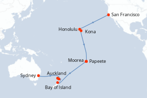 carte itinéraire croisière Australie Nouvelle Zélande 25 jours au départ du port de San Francisco
