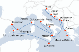 carte itinéraire croisière Sicile 21 jours au départ du port de Civitavecchia - Rome