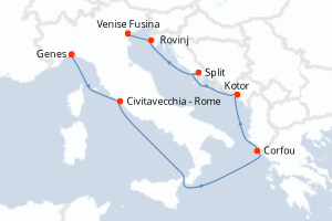 Carte de l'itinéraire de croisière Genes-Venise Fusina d'une durée de 7 jours