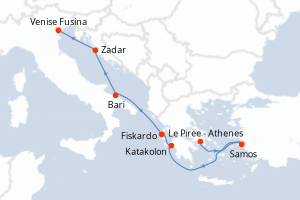 carte itinéraire croisière Méditerranée 7 jours au départ du port de Le Piree - Athenes