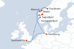 carte itinéraire croisière Fjörds norvégiens 11 jours au départ du port de Southampton