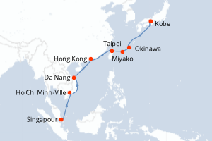 Carte de l'itinéraire de croisière Singapour-Kobe d'une durée de 14 jours