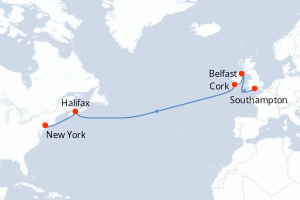 carte itinéraire croisière Transatlantique 11 jours au départ du port de Southampton