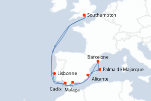 carte itinéraire croisière Europe du Nord 14 jours au départ du port de Southampton