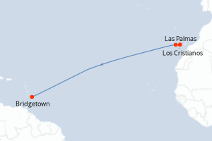 Carte de l'itinéraire de croisière Las Palmas-Bridgetown d'une durée de 15 jours