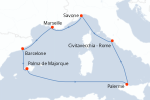 Carte itinéraire croisière Baléares, Italie, France, Espagne - 7 jours au départ de Palma de Majorque - Iles Baleares