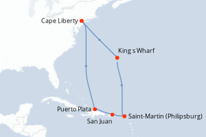 Carte de l'itinéraire de croisière Cape Liberty-Cape Liberty d'une durée de 9 jours