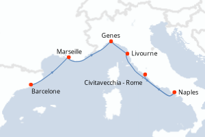 Carte de l'itinéraire de croisière Barcelone-Civitavecchia - Rome d'une durée de 7 jours