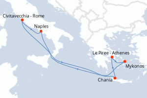 Carte de l'itinéraire de croisière Civitavecchia - Rome-Civitavecchia - Rome d'une durée de 7 jours