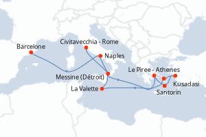 carte itinéraire croisière Sicile 12 jours au départ du port de Civitavecchia - Rome