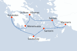 Carte de l'itinéraire de croisière Le Piree - Athenes-Le Piree - Athenes d'une durée de 8 jours
