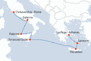 carte itinéraire croisière Sicile 8 jours au départ du port de Le Piree - Athenes