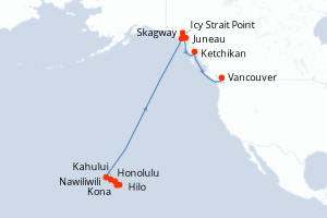 Carte de l'itinéraire de croisière Honolulu-Vancouver d'une durée de 16 jours