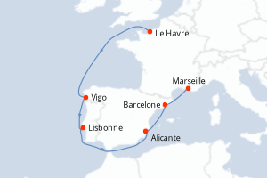 Carte de l'itinéraire de croisière Le Havre-Marseille d'une durée de 7 jours