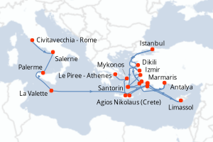 carte itinéraire croisière Sicile 23 jours au départ du port de Civitavecchia - Rome