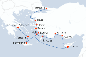 carte itinéraire croisière Méditerranée 12 jours au départ du port de Istanbul