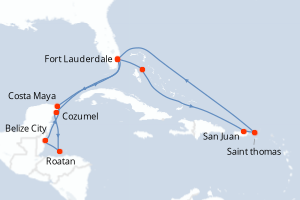 carte itinéraire croisière Caraïbes Bahamas 14 jours au départ du port de Fort Lauderdale