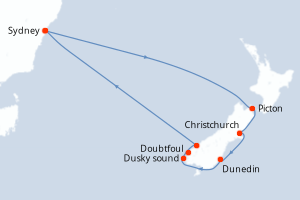 Carte de l'itinéraire de croisière Sydney-Sydney d'une durée de 9 jours