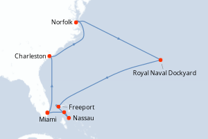 carte itinéraire croisière Caraïbes Bahamas 14 jours au départ du port de Miami