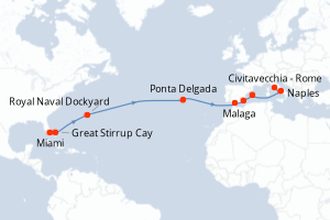 carte itinéraire croisière Transatlantique 16 jours au départ du port de Miami