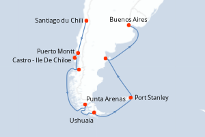 carte itinéraire croisière Amérique du Sud 20 jours au départ du port de Santiago du Chili