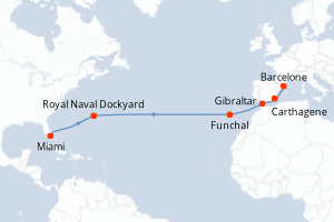 carte itinéraire croisière Transatlantique 14 jours au départ du port de Miami