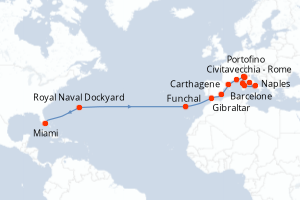 carte itinéraire croisière Transatlantique 21 jours au départ du port de Miami