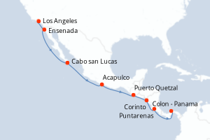Carte de l'itinéraire de croisière Los Angeles-Colon - Panama d'une durée de 12 jours
