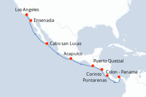 Carte de l'itinéraire de croisière Colon - Panama-Los Angeles d'une durée de 12 jours