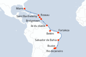 carte itinéraire croisière Amérique du Sud 18 jours au départ du port de Miami