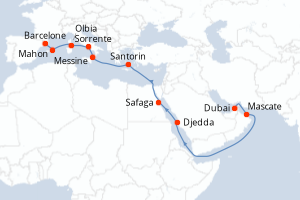 Carte de l'itinéraire de croisière Dubai-Barcelone d'une durée de 20 jours