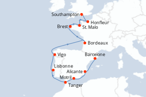 carte itinéraire croisière Europe du Nord 12 jours au départ du port de Barcelone