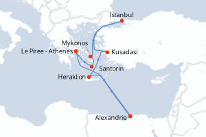 carte itinéraire croisière Méditerranée 10 jours au départ du port de Le Piree - Athenes