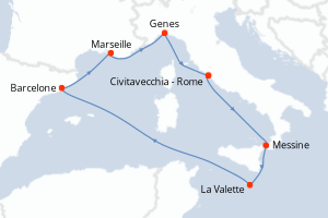 carte itinéraire croisière Sicile 7 jours au départ du port de Civitavecchia - Rome