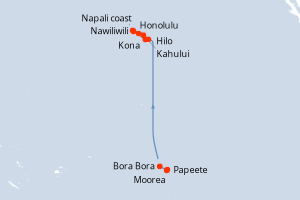 Carte de l'itinéraire de croisière Papeete-Honolulu d'une durée de 13 jours