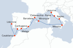 carte itinéraire croisière Atlantique 12 jours au départ du port de Civitavecchia - Rome