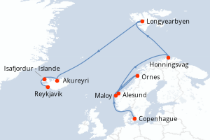 carte itinéraire croisière Fjörds norvégiens 12 jours au départ du port de Copenhague