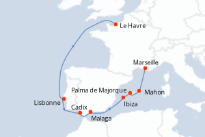 carte itinéraire croisière Méditerranée 11 jours au départ du port de Le Havre