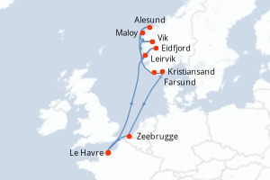 carte itinéraire croisière Fjörds norvégiens 11 jours au départ du port de Le Havre