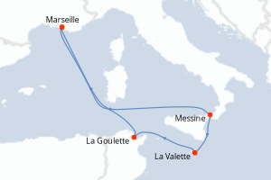carte itinéraire croisière Sicile 7 jours au départ du port de Marseille