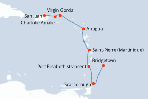 Carte de l'itinéraire de croisière San Juan-Bridgetown d'une durée de 8 jours