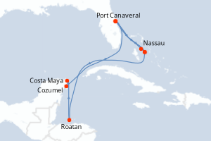 carte itinéraire croisière Caraïbes Bahamas 10 jours au départ du port de Port Canaveral