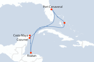 carte itinéraire croisière Caraïbes Bahamas 7 jours au départ du port de Port Canaveral
