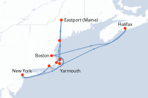 Carte de l'itinéraire de croisière Boston-Boston d'une durée de 10 jours