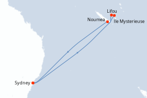 Carte de l'itinéraire de croisière Sydney-Sydney d'une durée de 8 jours