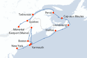 Carte de l'itinéraire de croisière Montréal-New York d'une durée de 13 jours