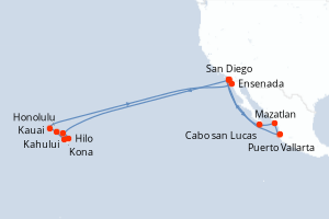 carte itinéraire croisière Riviera Mexicaine 24 jours au départ du port de San Diego