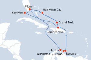 carte itinéraire croisière Caraïbes Bahamas 17 jours au départ du port de Miami