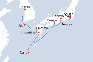 Carte de l'itinéraire de croisière Yokohama-Inchon d'une durée de 11 jours