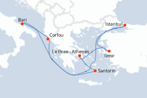 Carte de l'itinéraire de croisière Le Piree - Athenes-Le Piree - Athenes d'une durée de 8 jours